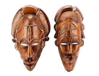 Pair of African Carved Wood & Copper Wire Masks