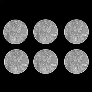 Six 1999 US $1 Silver Eagle Coins