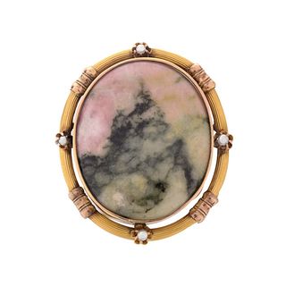 14K, Pearl and Pink Stone Brooch