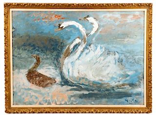 Marcel Vertes Signed Oil on Canvas, "Swan Family"
