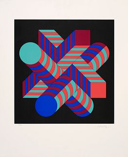 Vasarely, Victor Makk-S. 1978. Farbserigraphie auf chamoisfarbenem Arches. 52 x 50 cm (79 x 65 cm). Signiert und nummeriert. -  Vereinzelt oberflächli