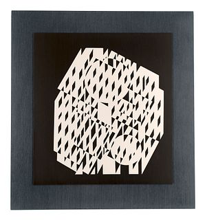 Vasarely, Victor Nethe. Um 1956. Serigraphie auf eloxierter Aluminiumplatte, diese fest auf bemaltem Holz montiert. 37 x 33,6 cm (37 x 33,6 cm). Verso