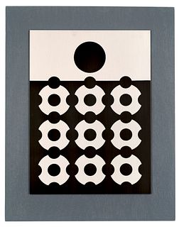 Vasarely, Victor Sirius. 1960. Serigraphie auf eloxierter Aluminiumplatte, diese fest auf bemaltem Holz montiert. 37 x 27 cm (37 x 27 cm). Verso an de