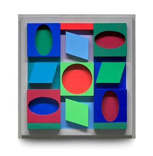 Vasarely, Victor Turkiz (négatif). 1967. Multiple aus farbig bemaltem Holz. 38 x 36 cm (38 x 36 cm). Verso auf dem Etikett der Galerie Denise René, Pa