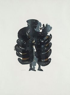 Grieshaber, HAP Tierengel. 1965. Holzschnitt mit Blattgoldübermalung auf Papier. 35,2 x 24,5 cm. (66,5 x 51 cm Sichtmaß). Signiert. Unter Glas gerahmt