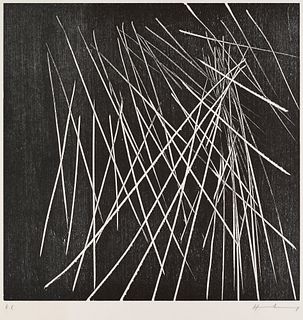 Hartung, Hans H-1973-8. 1973. Holzschnitt aud chmaoisfarbenem BFK Rives. 40 x 40 cm (65,5 x 55,5 cm). Signiert, betitelt sowie bezeichnet "H.C.". - Ko
