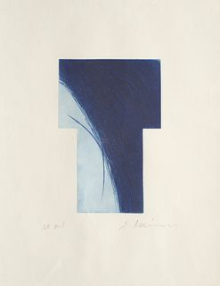 Rainer, Arnulf Kreuz. Um 1984. Kaltnadelradierung in Blau auf chamoisfarbenem Kupferdruckpapier. 33 x 21,5 cm (62 x 48 cm). Signiert und bezeichnet "e
