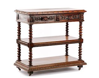 French Oak Carved Three Tier Server on Casters