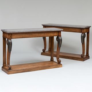 Pair of Regency Style Oak, Painted and Parcel-Gilt Console Tables 