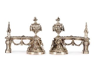 Pair of French 19th C Silvered Bronze Fire Chenets