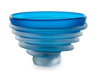 Large Blue Blown Art Glass Bowl by Tommie Rush