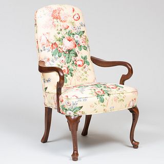 George II Style Mahogany and Chintz Upholstered Shepherd's Hook Armchair