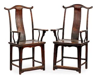Pair of Chinese Hardwood Yoke Back Chairs