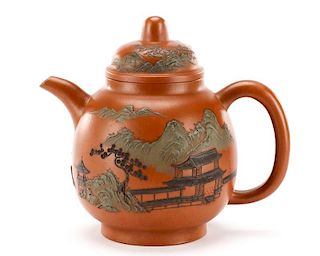 Large Yixing Teapot w/ Polychrome Landscape Scene