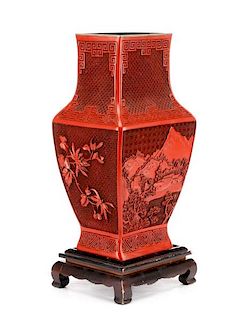 Chinese Cinnabar Lacquer Squared Vase, 20th Cent.