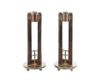 A pair of Swid Powell silver plate "Skyscraper" candlesticks