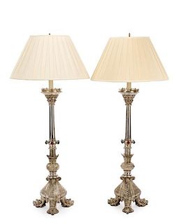 Pair, Large White Metal Altar Pricket Style Lamps