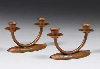 Craftsman Studios Hammered Copper Double Candlesticks c1930s