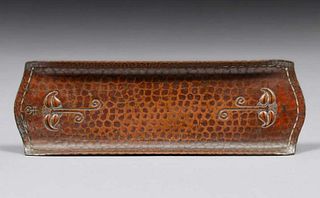 Roycroft Hammered Copper Double Drop Leaf Pen Tray c1920s