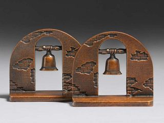 California Mission Bell Bronze Bookends c1920s