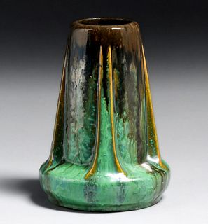 Fulper Pottery Mirror Black & Green Flambe Buttress Vase c1910s