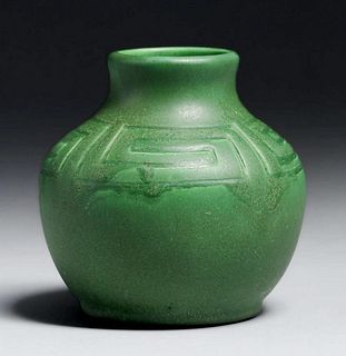 Owens Pottery #213 Matte Green Incised Vase c1910