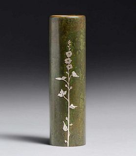 Heintz Sterling on Bronze #3669 Floral Overlay Cylinder Vase c1915