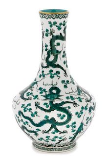 Chinese Porcelain Green Dragon Bottle Vase, Marked