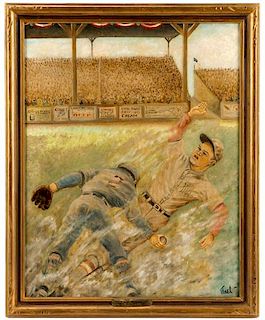 Meyer Mael, Baseball Game Oil on Canvas, Signed