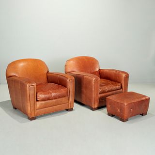 William Alan pair leather club chairs & ottoman