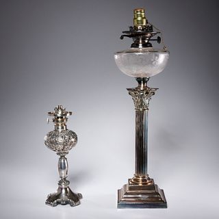 (2) Victorian silver plate & glass oil lamps