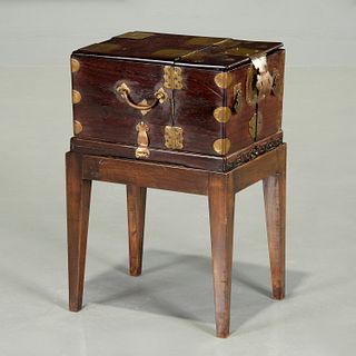 Chinese brass mounted wood vanity box on stand
