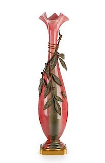 French Tin Glazed Tall Vase, Applied Bronze Decor