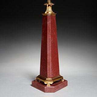 Neoclassical style bronze, marble obelisk lamp