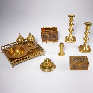 Group (11) antique brass table accessories