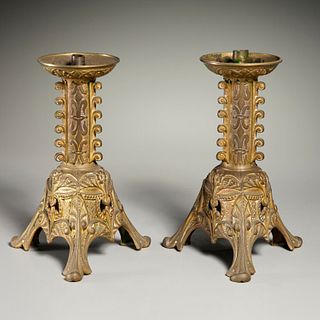 Pair Gothic Revival brass candlesticks