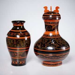 (2) Burmese style lacquered vessels