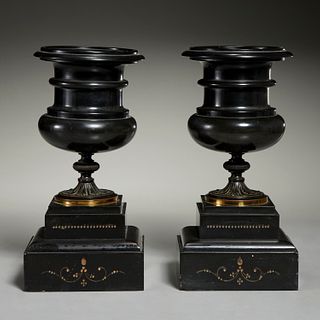Pair French bronze mounted mantel urns