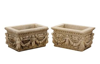 Pair, Cast Stone Planters in High Relief w/ Angels
