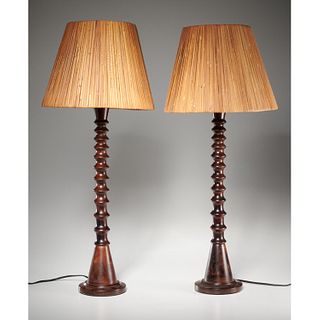 Pair Modern Designer turned-wood table lamps