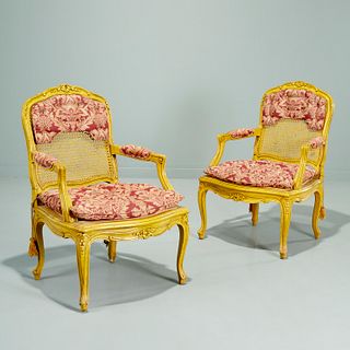 Pair Louis XV style yellow painted fauteuils