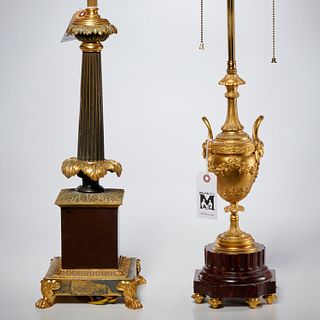 (2) antique French bronze and marble table lamps