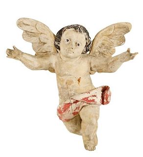 Continental Carved & Polychrome Wood Angel