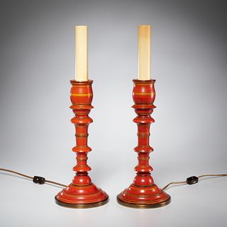 Pair Burmese lacquer candlestick lamps