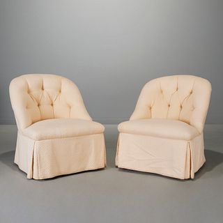 Pair custom upholstered tufted slipper chairs