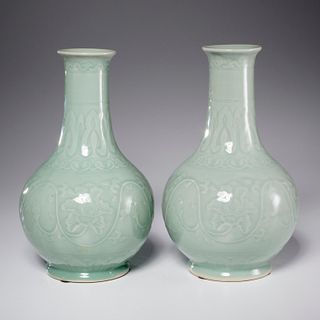 Pair Chinese carved celadon vases