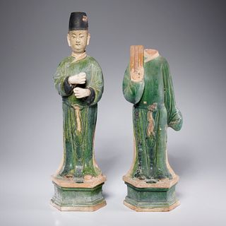 Pair Chinese glazed earthenware attendants