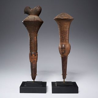 Baule Peoples, (2) carved fly whisk handles
