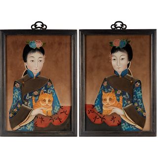 Pair Chinese reverse glass portrait paintings