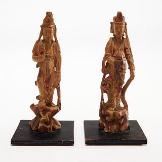 Pair large carved, polychromed wood Guanyin